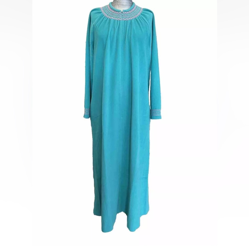 Vtg Vanity Fair Women's Velour Zipper Long Robe Loungewear Teal Green Small